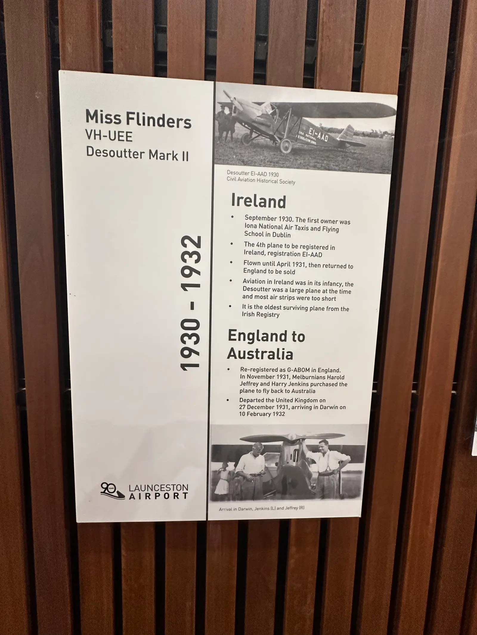 Miss Flinders 1930 to 1932 history panel Ireland to Australia at Launceston Airport, Tasmania
