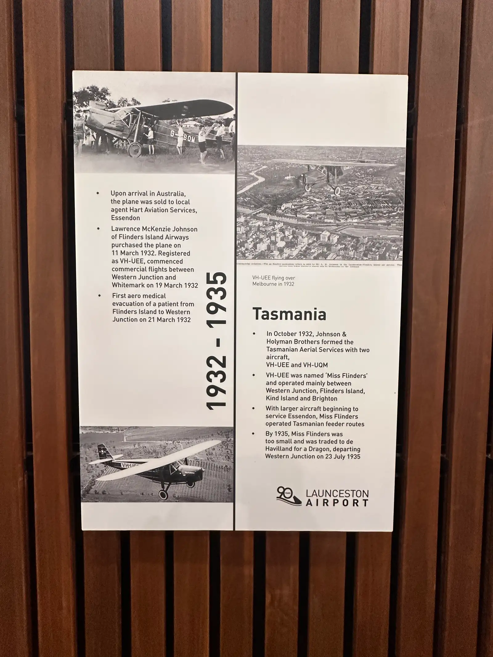 Miss Flinders 1932 to 1935 history panel Tasmania at Launceston Airport, Tasmania