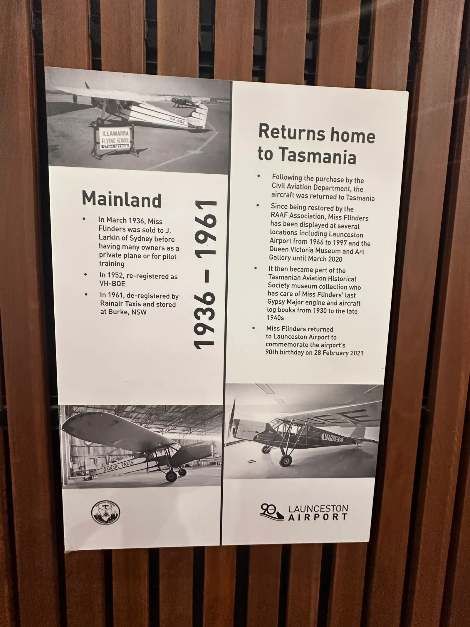 Miss Flinders 1936 to 1961 history panel mainland service at Launceston Airport, Tasmania