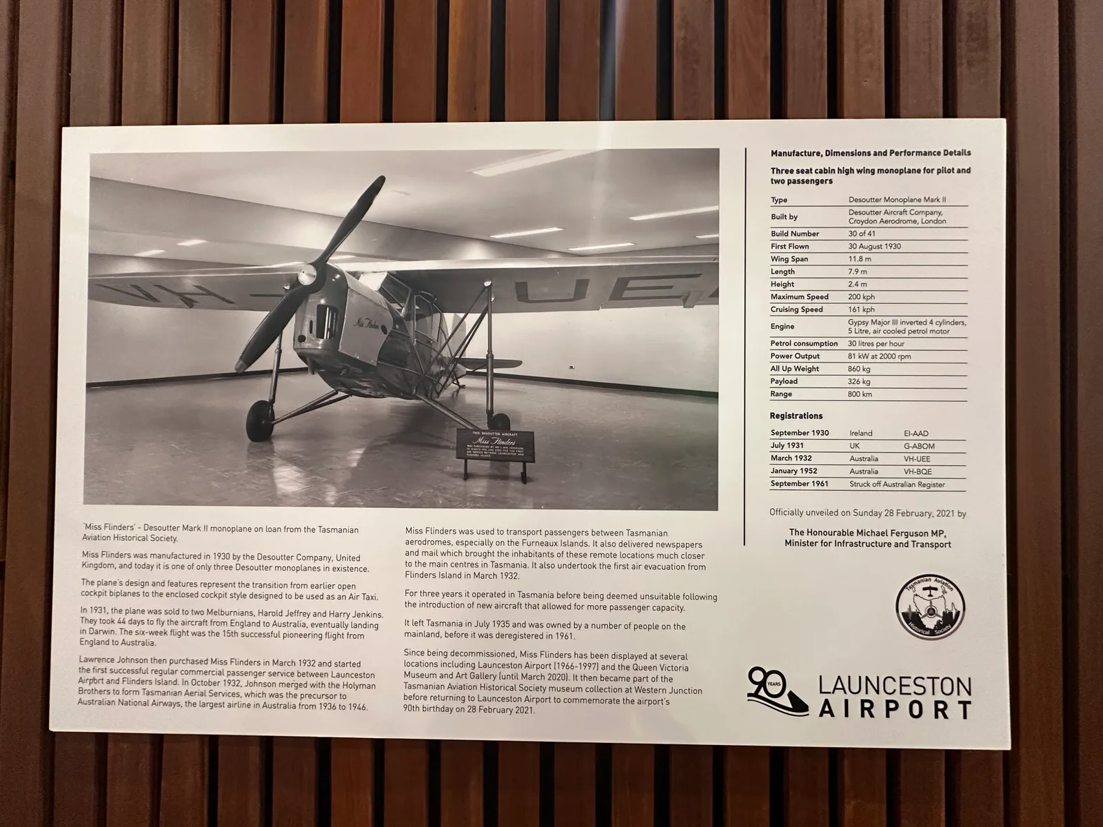 Miss Flinders Desoutter Mark II monoplane heritage display at Launceston Airport, Tasmania