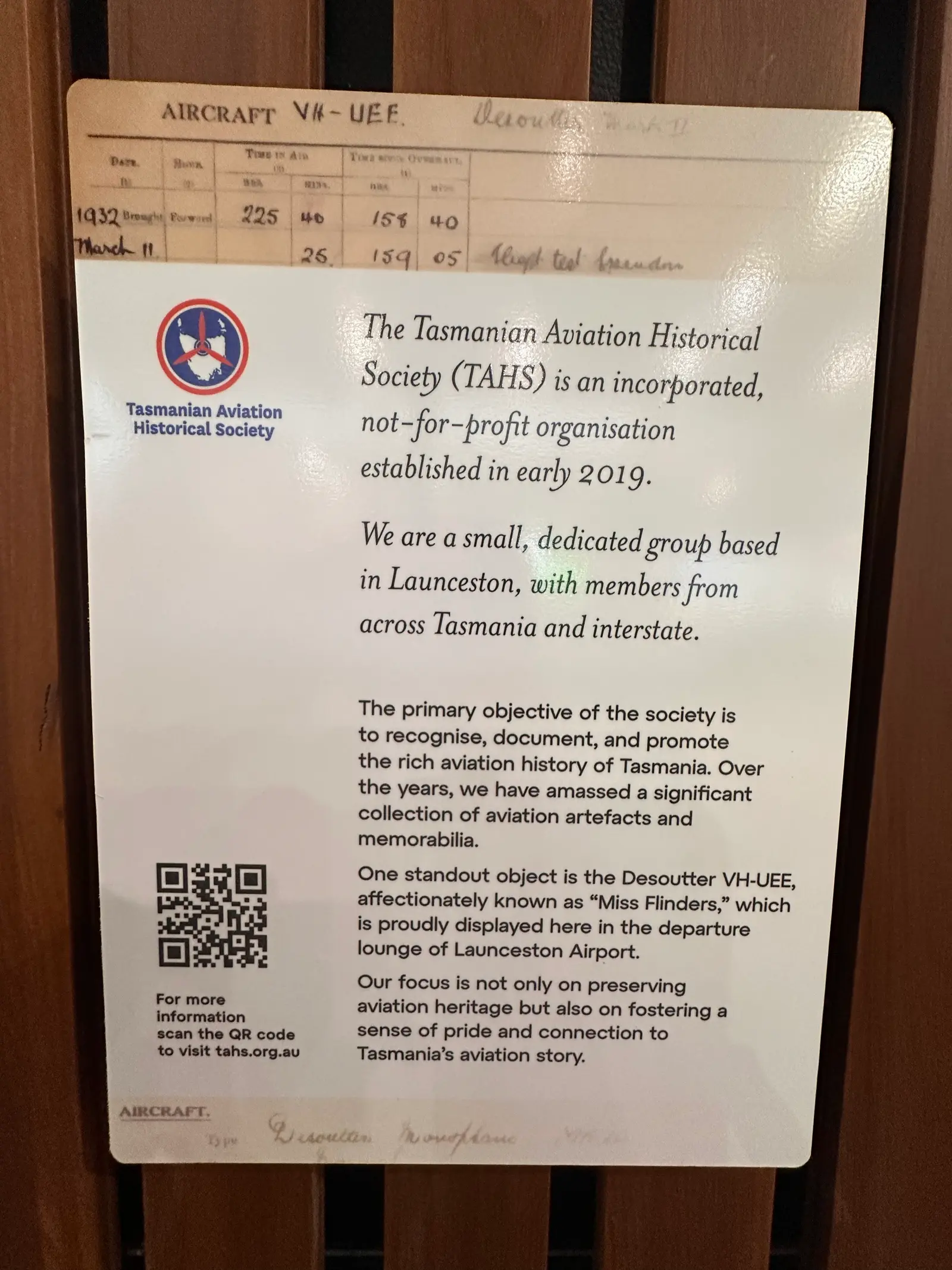 Tasmanian Aviation Historical Society information panel at Launceston Airport, Tasmania