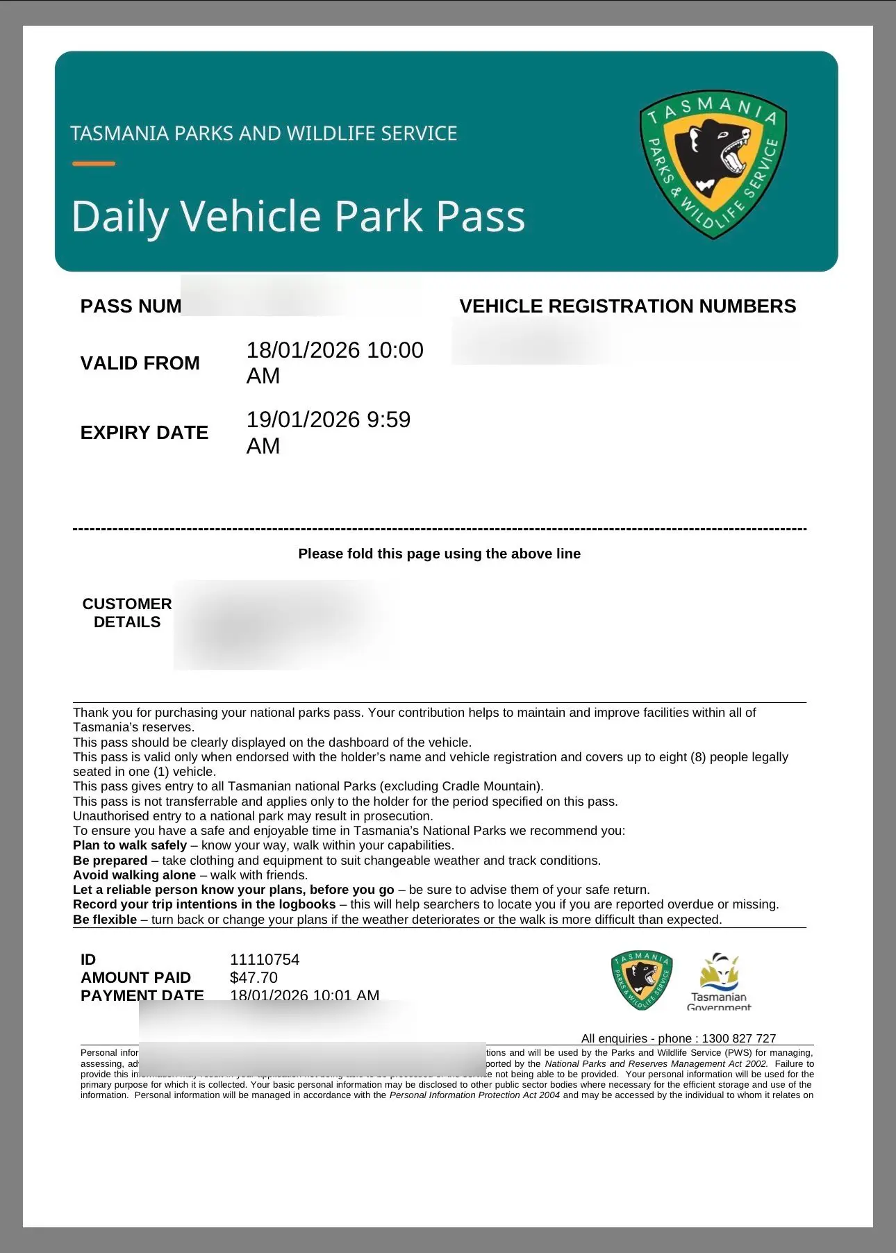 Tasmania Parks daily vehicle park pass for Freycinet National Park