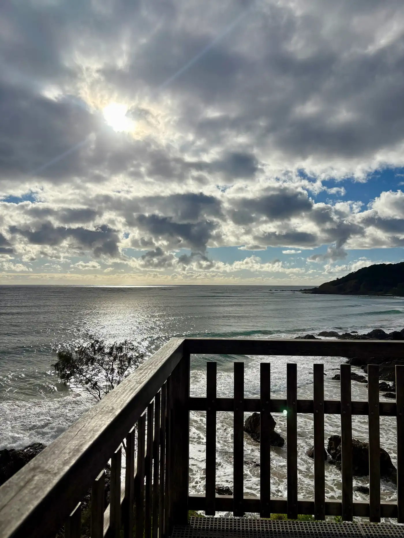Wooden lookout platform on the Cape Byron walk overlooking the Pacific Ocean and headland